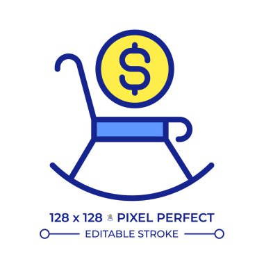 Emeklilik pikseli mükemmel çizgi renk simgesi. Emeklilikte düzenli uzun vadeli ödeme. Sallanan sandalyede madeni para. Yaşlılar için fon. İzole vektör çizimi. Düz renkli sembol tasarımı. Düzenlenebilir vuruş