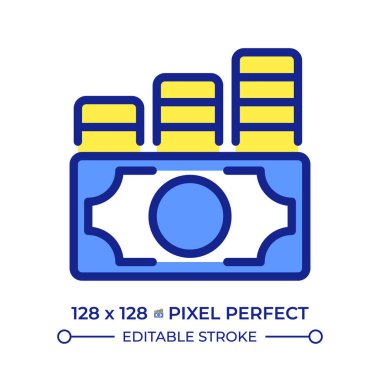 Bozuk para desteleri piksel kusursuz çizgi renk simgesiyle banknot. Tasarruf artışı. Akıllı yatırım. Gelir yönetimi. İzole vektör çizimi. Düz renkli sembol tasarımı. Düzenlenebilir vuruş