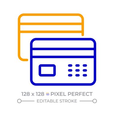 Ödeme kartları piksel mükemmel iki renk çizgisi simgesi. Borç ve kredi kartı. Dijital bankacılık servisi. Finans yönetimi iki renk ana hatları sembolü. Duotone lineer piktogram. İzole bir illüstrasyon. Düzenlenebilir vuruş