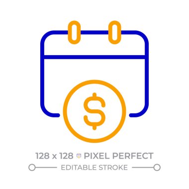 Ödeme takvimi piksel mükemmel iki renk çizgisi simgesi. Aylık planlama bütçesi. Bozuk paralı takvim kağıdı. Çift renkli dış hat sembolünü finanse eder. Duotone lineer piktogram. İzole bir illüstrasyon. Düzenlenebilir vuruş