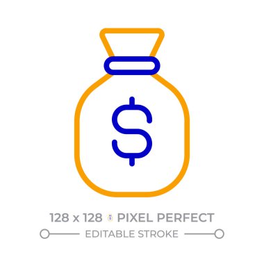 Para çantası pikseli iki renk çizgisi simgesi. Dolar işaretiyle bağlanmış çuval. Nakit para. Finansal olarak iki renk ana hatlarını muhafaza etmek. Duotone lineer piktogram. İzole bir illüstrasyon. Düzenlenebilir vuruş