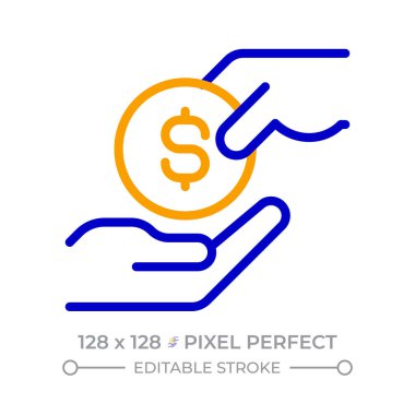 Nakit ödeme piksel mükemmel iki renk çizgisi simgesi. El çabukluğu. Finansal yardım. Para transferi. Çift renkli ana hat sembolünü destekle. Duotone lineer piktogram. İzole bir illüstrasyon. Düzenlenebilir vuruş