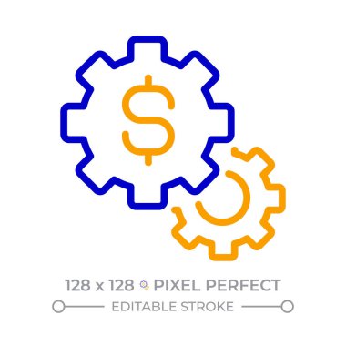 Finansal mekanizmalar pikseli mükemmel iki renk çizgisi simgesi. Maliyet yönetimi. Bütçe planlama teknolojisi. Para bicolor ana hat sembolü. Duotone lineer piktogram. İzole bir illüstrasyon. Düzenlenebilir vuruş