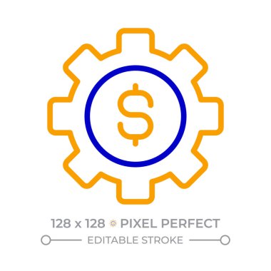 Dolar pikselli vites iki renk çizgisi simgesi. Endüstri ve teknolojiden para kazanmak. Finansal ayarlar çift renkli ana hat sembolü. Duotone lineer piktogram. İzole bir illüstrasyon. Düzenlenebilir vuruş
