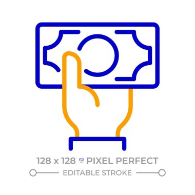 El ele tutuşan nakit piksel iki renk çizgisi simgesi. Parayla ödeme. Maaş alıyorum. Finansal tasarruf iki renk ana hatları sembolü. Duotone lineer piktogram. İzole bir illüstrasyon. Düzenlenebilir vuruş