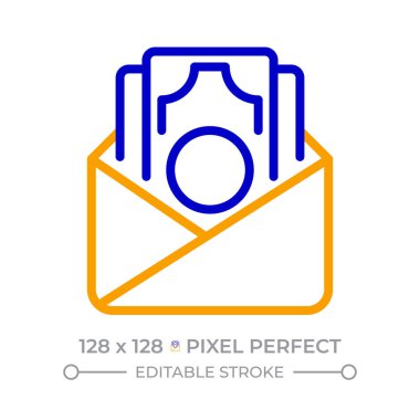 Nakit maaş piksel mükemmel iki renk çizgisi simgesi. Üzerinde banknotlar olan bir zarf. Finansal tasarruflar ve kazançlar. Para bicolor ana hat sembolü. Duotone lineer piktogram. İzole bir illüstrasyon. Düzenlenebilir vuruş
