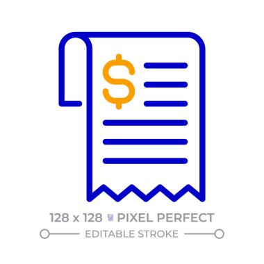 Bill piksel mükemmel iki renk çizgisi simgesi. Mal ve hizmet beyannamesi. Finansal dökümantasyon bicolor ana hatları sembolü. Duotone lineer piktogram. İzole bir illüstrasyon. Düzenlenebilir vuruş