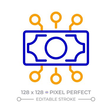Dijital para birimi pikseli iki renk çizgisi simgesi. Ödeme için nakit para. Finansal gelir ve tasarruf iki renk ana hatları sembolü. Duotone lineer piktogram. İzole bir illüstrasyon. Düzenlenebilir vuruş