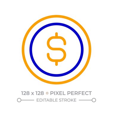 Dolar işareti pikselli sikke iki renk çizgisi simgesi. Ödeme için nakit para. Finansal gelir ve tasarruf iki renk ana hatları sembolü. Duotone lineer piktogram. İzole bir illüstrasyon. Düzenlenebilir vuruş