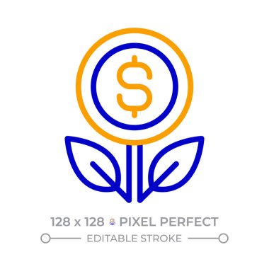 Para ağacı pikseli mükemmel iki renk çizgisi simgesi. Finansal büyüme. Yatırım faizi. Nakit çift renkli dış hat sembolü artırılıyor. Duotone lineer piktogram. İzole bir illüstrasyon. Düzenlenebilir vuruş