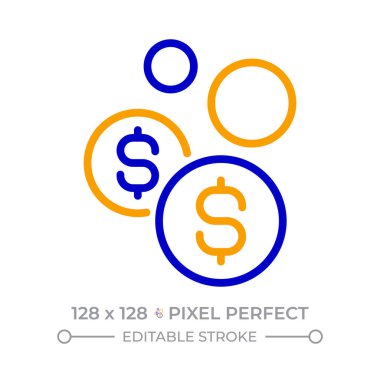 Yüzen madeni paralar pikseli iki renk çizgisi simgesi. Finansal balon. Ekonomik durgunluk sırasında para yönetimi iki renk ana hatları sembolü. Duotone lineer piktogram. İzole bir illüstrasyon. Düzenlenebilir vuruş