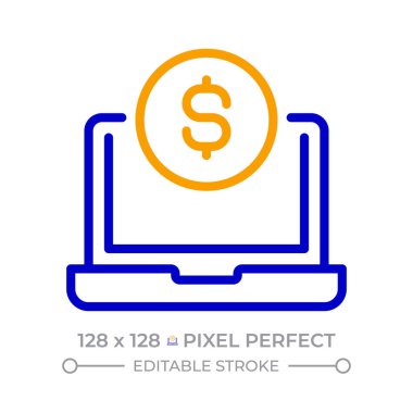 Çevrimiçi bankacılık pikseli iki renk çizgisi simgesi. Bir dolar bozuk parayla bilgisayarı aç. Dijital ödeme servisi. Para bicolor ana hat sembolü. Duotone lineer piktogram. İzole bir illüstrasyon. Düzenlenebilir vuruş