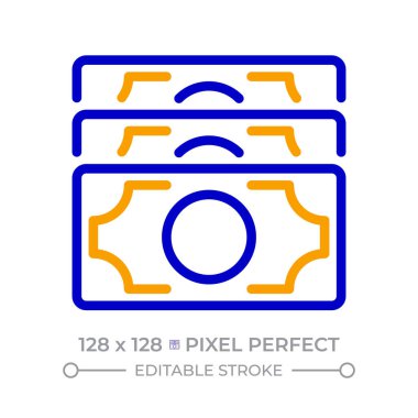 Bir yığın banknot piksel mükemmel iki renk çizgisi simgesi. Nakit parayla ödeme. Finansal yönetim. Tasarruf çift renkli ana hat sembolü. Duotone lineer piktogram. İzole bir illüstrasyon. Düzenlenebilir vuruş