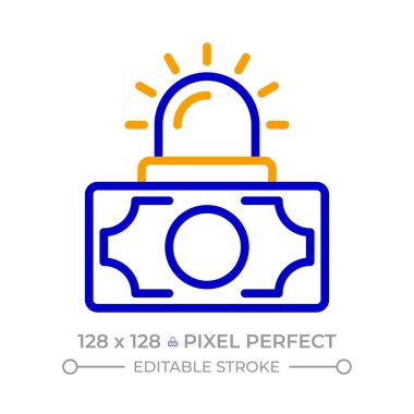 Acil fon pikseli iki renk çizgisi simgesi. Parlayan ışığı olan bir banknot. Para biriktiriyorum. Finansal yardım iki renk ana hatları sembolü. Duotone lineer piktogram. İzole bir illüstrasyon. Düzenlenebilir vuruş