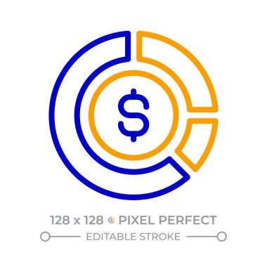 Varlık dağılımı piksel mükemmel iki renk çizgisi simgesi. Yatırım portföyünü bölüşmek. Kişisel finans yönetimi iki renk ana hatları sembolü. Duotone lineer piktogram. İzole bir illüstrasyon. Düzenlenebilir vuruş