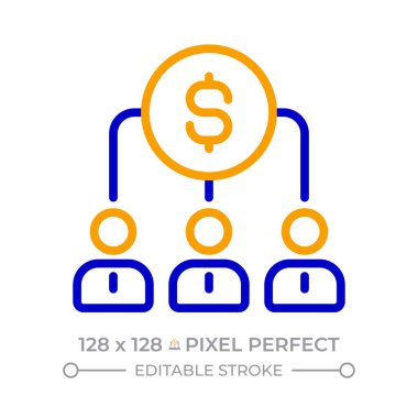 Kâr paylaşımı pikseli mükemmel iki renk çizgisi simgesi. Organizasyon finansal yapısı. Şirket hissedarları çift renkli ana hatlı sembol. Duotone lineer piktogram. İzole bir illüstrasyon. Düzenlenebilir vuruş
