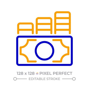 Bozuk para desteleri piksel ile banknot iki renk çizgisi simgesi mükemmel. Tasarruf artışı. Akıllı yatırım. Gelir parası bicolor ana hat sembolü. Duotone lineer piktogram. İzole bir illüstrasyon. Düzenlenebilir vuruş