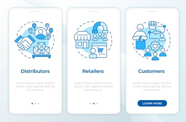 Tedarik zinciri dağıtımı mavi seyyar uygulama ekranında. Doğrusal kavramlarla birlikte düzenlenebilir grafik yönergelerini gezdir. UI, UX, GUI. Montserrat Yarı Kalın, Düzenli yazı tipleri