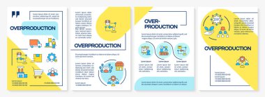 Aşırı üretim mavi ve sarı broşür. Lojistik organizasyon, üretim yapısı. Renk çizgisi simgeli broşür reklam tasarımı. Düzenlenebilir 4 sayfa. Questrial, Lato-Düzenli yazı tipleri