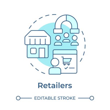 Perakendeciler yumuşak mavi konsept simgesi. Pazar analizi, müşteri edinme. Perakende işi. Yuvarlak şekil çizimi. Soyut bir fikir. Grafik tasarımı. Sunumda kullanması kolay, haber