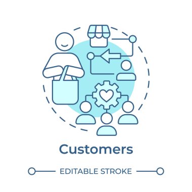 Müşteriler yumuşak mavi konsept ikonu. Sosyal ticaret, müşteri geri bildirimi. Toplum çatışması. Yuvarlak şekil çizimi. Soyut bir fikir. Grafik tasarımı. Sunumda kullanması kolay, haber