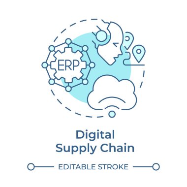 Dijital tedarik zinciri yumuşak mavi konsept ikonu. Erp sistemleri, yapay zeka. Yuvarlak şekil çizimi. Soyut bir fikir. Grafik tasarımı. Sunumda kullanması kolay, haber