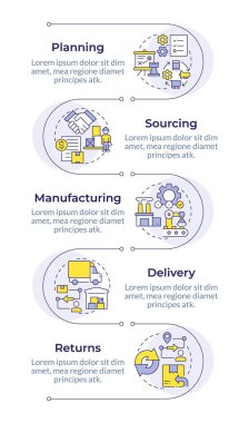 Tedarik zinciri enfografik dikey dizilimi aşamalar. Lojistik organizasyon, iş akışı yönetimi. 5 adımlı görselleştirme bilgi tablosu. Daireler iş akışı. Montserrat Yarı Kalın, Lato Düzenli yazı tipleri