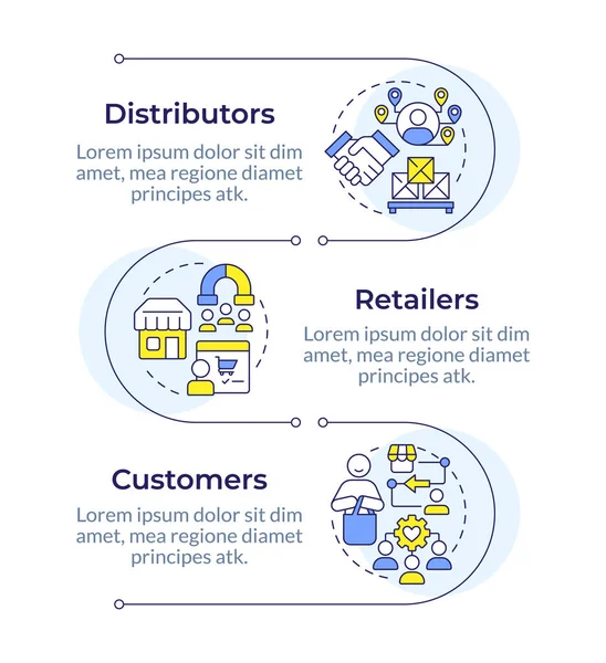 3 tip tedarik zinciri katılımcısı dikey bilgi dizisi. Ticari iş. 3 adımlı görselleştirme bilgi tablosu. Daireler iş akışı. Montserrat Yarı Kalın, Lato Düzenli yazı tipleri