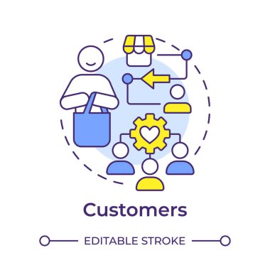 Müşteri çok renkli konsept simgesi. Sosyal ticaret, müşteri geri bildirimi. Toplum çatışması. Yuvarlak şekil çizimi. Soyut bir fikir. Grafik tasarımı. Sunumda kullanması kolay, haber