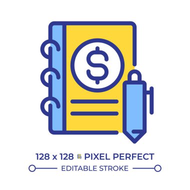 Günlük girdileri piksel mükemmel çizgi renk simgesi. Finansal işlemlerin ilk kronolojik kayıtları. Muhasebe raporları. İzole vektör çizimi. Düz renkli sembol tasarımı. Düzenlenebilir vuruş