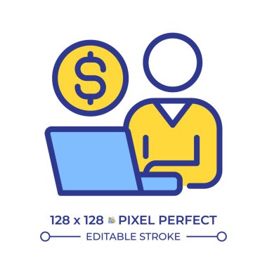 Serbest meslek pikseli mükemmel çizgi renk simgesi. Dizüstü bilgisayarla çalışan biri. Özel girişimcinin mali raporları var. İzole vektör çizimi. Düz renkli sembol tasarımı. Düzenlenebilir vuruş