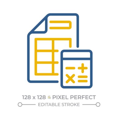 Muhasebe piksel mükemmel iki renk çizgisi simgesi. Hesap makineli mali rapor kağıdı. Aktarımların belgelenmesi çift renkli ana hat simgesi izole edildi. Duotone piktogramlar ince doğrusal. Düzenlenebilir vuruş