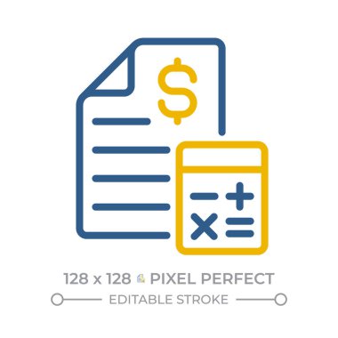 Bütçe pikseli mükemmel iki renk çizgisi simgesi. Hesap makinesiyle mali rapor. Şirket organizasyonu finanse eder. İş çift renkli taslak simgesi izole edildi. Duotone piktogramlar ince doğrusal. Düzenlenebilir vuruş