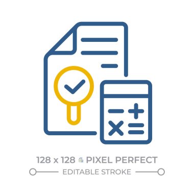 Hesap uzlaşma pikseli mükemmel iki renk çizgisi simgesi. Şirket faaliyetlerinin mali denetimi. Kurumsal finansman çift renkli ana hatlı simge izole edildi. Duotone piktogramlar ince doğrusal. Düzenlenebilir vuruş
