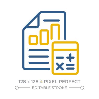 Muhasebe pikseli mükemmel iki renk çizgisi simgesi. Mali raporlama hazırlığı. Para aktarımlarının belgelenmesi çift renkli ana hat simgesi izole edildi. Duotone piktogramlar ince doğrusal. Düzenlenebilir vuruş