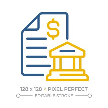 Banka uzlaşma pikseli mükemmel iki renk çizgisi simgesi. Hesap özeti. Finansal tesis faaliyetlerinin denetimi çift renkli ana hatlar izole edildi. Duotone piktogramlar ince doğrusal. Düzenlenebilir vuruş