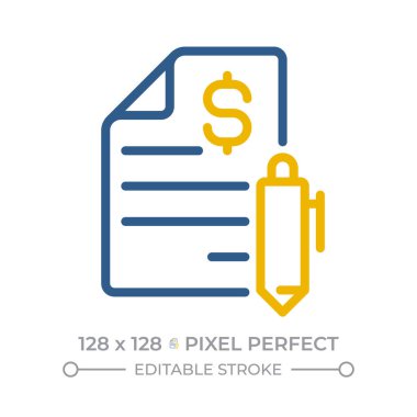 Açıklama piksel mükemmel iki renk çizgisi simgesi. İş mali performans belgesini özetliyorum. Ticari raporlama çift renkli ana hat simgesi izole edildi. Duotone piktogramlar ince doğrusal. Düzenlenebilir vuruş