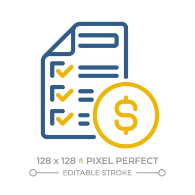 Bütçe planlama pikseli mükemmel iki renk çizgisi simgesi. Madeni parayla ilgili mali rapor. Kurumsal gelir ve giderleri düzenle iki renk ana hatları simgesi izole edildi. Duotone piktogramlar ince doğrusal. Düzenlenebilir vuruş