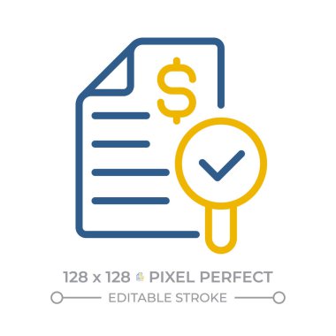 Mali denetim piksel mükemmel iki renk çizgisi simgesi. Organizasyon beyanları ve kayıtlarının değerlendirilmesi. Ticari çift renkli dış hat simgesi izole edildi. Duotone piktogramlar ince doğrusal. Düzenlenebilir vuruş