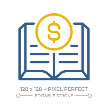 Genel defter piksel mükemmel iki renk çizgisi simgesi. Şirketin finansal verilerini saklıyoruz. İşlem organizasyonu bicolor ana hatları simgesi izole edildi. Duotone piktogramlar ince doğrusal. Düzenlenebilir vuruş