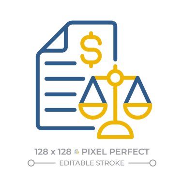 Denge tablosu pikseli mükemmel iki renk çizgisi simgesi. Mali muhasebe belgeleri. Mal varlığının beyanı, yükümlülükler iki renk özeti simgesi izole edildi. Duotone piktogramlar ince doğrusal. Düzenlenebilir vuruş