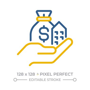 Varlık piksel mükemmel iki renk çizgisi simgesi. Kaynak, şirkete ait ve onun kontrolünde. Varlık mülkü. Finansal çift renkli dış hat simgesi izole edildi. Duotone piktogramlar ince doğrusal. Düzenlenebilir vuruş