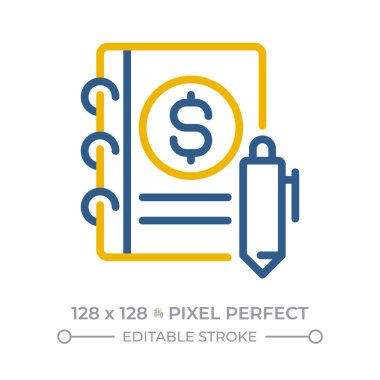 Günlük girdileri piksel mükemmel iki renk çizgisi simgesi. Finansal işlemlerin ilk kronolojik kayıtları. Muhasebe çift renk özet simgesi izole edildi. Duotone piktogramlar ince doğrusal. Düzenlenebilir vuruş