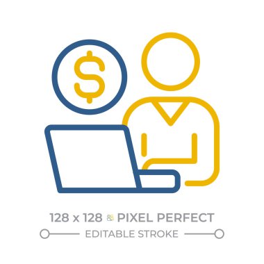 Serbest meslek pikseli iki renk çizgisi simgesi. Dizüstü bilgisayarla çalışan biri. Özel girişimci bicolor ana hatlarının mali raporu izole edildi. Duotone piktogramlar ince doğrusal. Düzenlenebilir vuruş