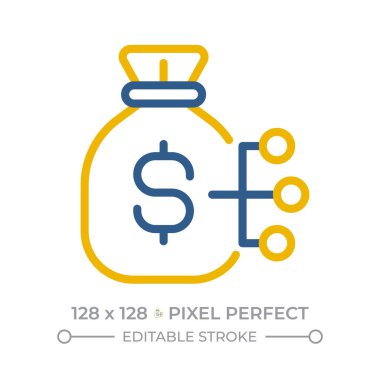 Maliyet yapısı pikseli mükemmel iki renk çizgisi simgesi. Toplam kategorize harcamalar. Mali çerçeve. İş muhasebe iki renkli ana hatlı simge izole edildi. Duotone piktogramlar ince doğrusal. Düzenlenebilir vuruş