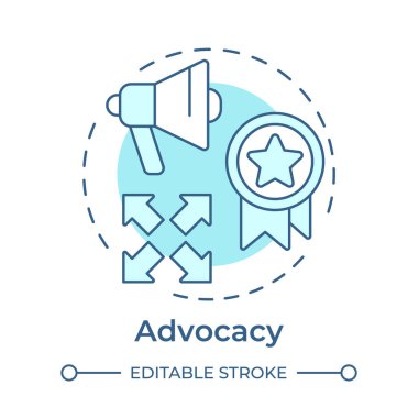 Yumuşak mavi kavram ikonu. Pazarlama stratejisi, ürün tanıtımı. Ücretli reklam. Yuvarlak şekil çizimi. Soyut bir fikir. Grafik tasarımı. Kitapçıkta, makalede kullanması kolay