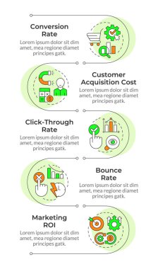 Pazarlama stratejisi verimlilik analizi bilgi verimliliği dikey dizisi. Dönüştürme oranı. 5 adımlı görselleştirme bilgi tablosu. Daireler iş akışı. Montserrat Yarı Kalın, Lato Düzenli yazı tipleri