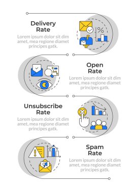 E- posta pazarlama, dikey bilgi dizisi. İstatistiksel ölçümler, kurşun jenerasyon. 4 adımlı görselleştirme bilgi tablosu. Daireler iş akışı. Montserrat Yarı Kalın, Lato Düzenli yazı tipleri