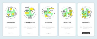 Seyyar uygulama ekranında müşteri seyahati. İnternetten aldım. Doğrusal kavramlarla düzenlenebilir grafik yönergelerini 5 adımda gezdir. UI, UX, GUI. Montserrat Yarı Kalın, Düzenli yazı tipleri