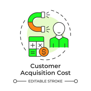 Müşteri edinme maliyeti çok renkli konsept simgesi. Finansal hesaplamalar, pazarlama masrafları. Kurşun mıknatıs. Yuvarlak şekil çizimi. Soyut bir fikir. Grafik tasarımı. Kitapçıkta kullanması kolay